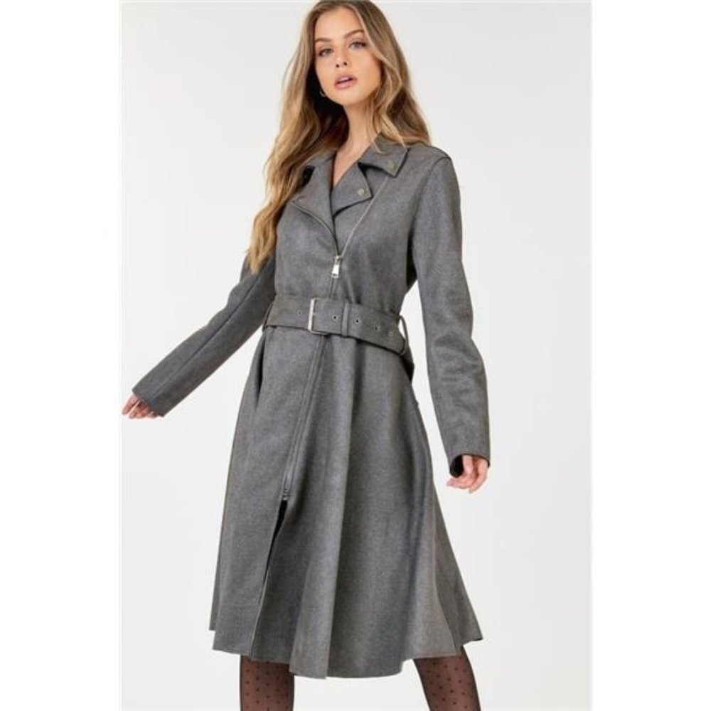 Grey - Waist Belt Long Sleeve Faux Suede Coat/ Zipper & Button Detail